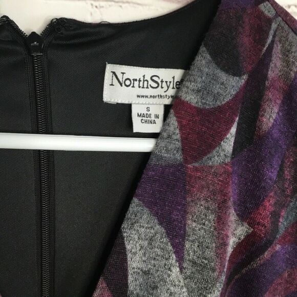 VTG NorthStyle Womens Purple Geo.Print Stretch Zip Tie Waist Midi Sheath Dress S - Picture 2 of 12